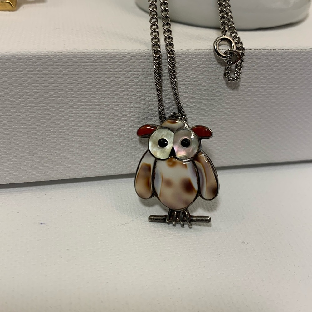 Zuni Native RK Sterling Silver MOP, Coral, Shell, Owl Pin/Brooch/Pendant.